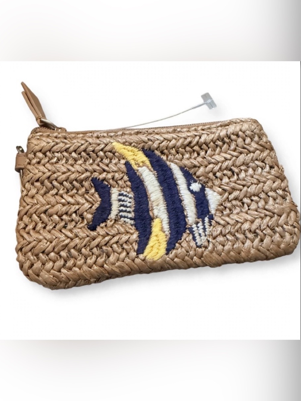 Vera Bradley Go Fish Blue Straw ID/Key Warm Rich Stone Embroidered Fish Retired